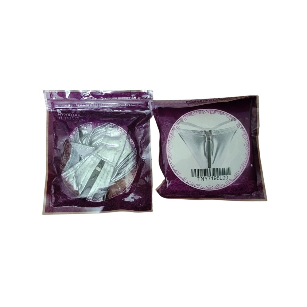 Sexy Matching Pair of Leatherish Thongs His & Hers Silver w/ Zipper One Size NEW